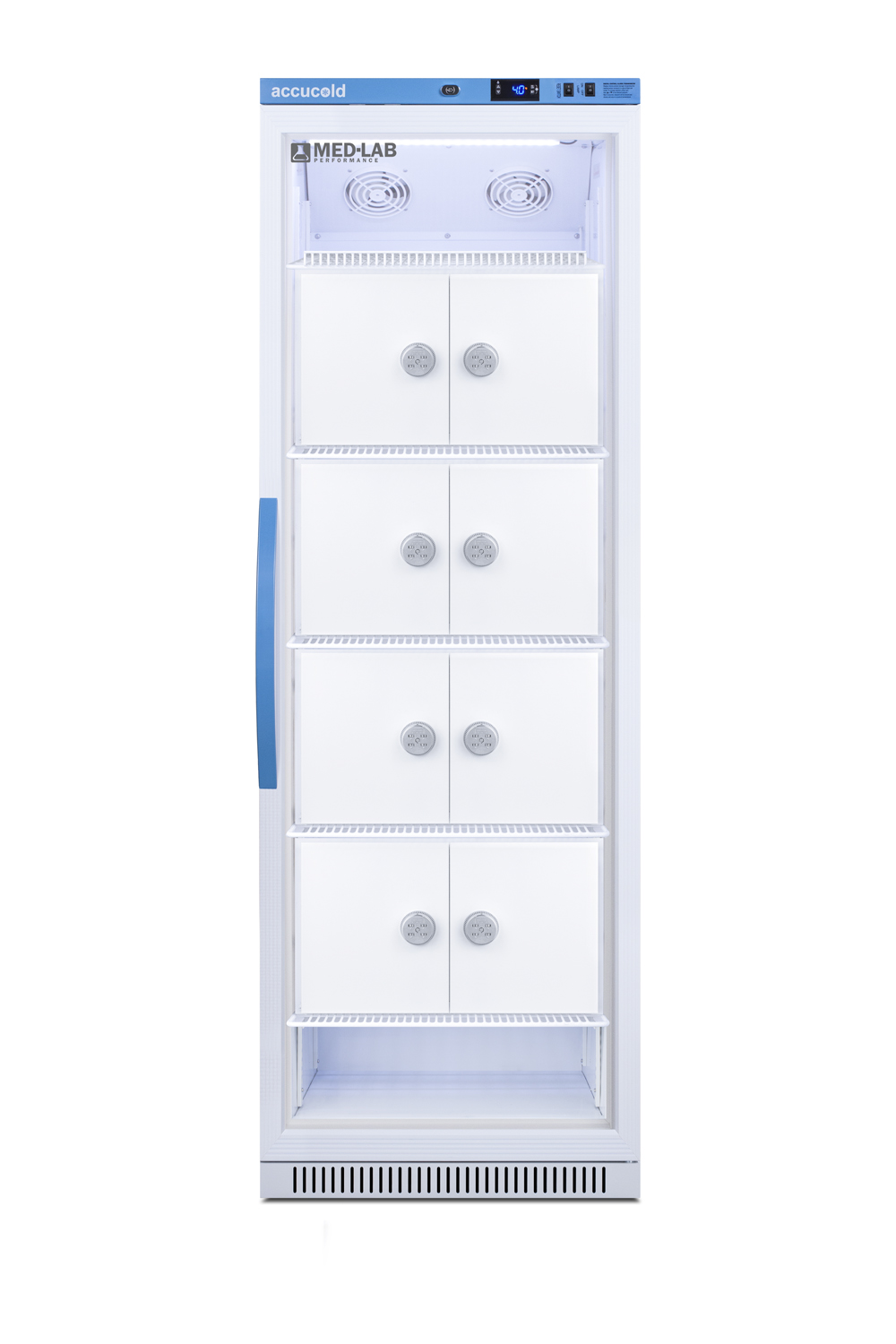 Performance series Med-Lab 15 cu.ft. upright glass door all-refrigerator with 8 interior lockers, with antimicrobial silver-ion handle and hospital grade cord with 'green dot' plug